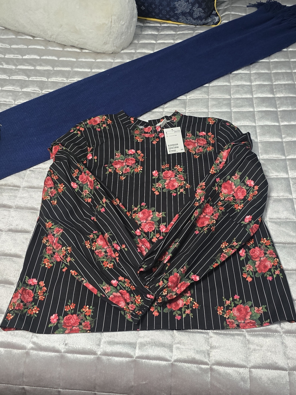 H&M Floral Stripe Long-Sleeve Top - Black with Red Roses